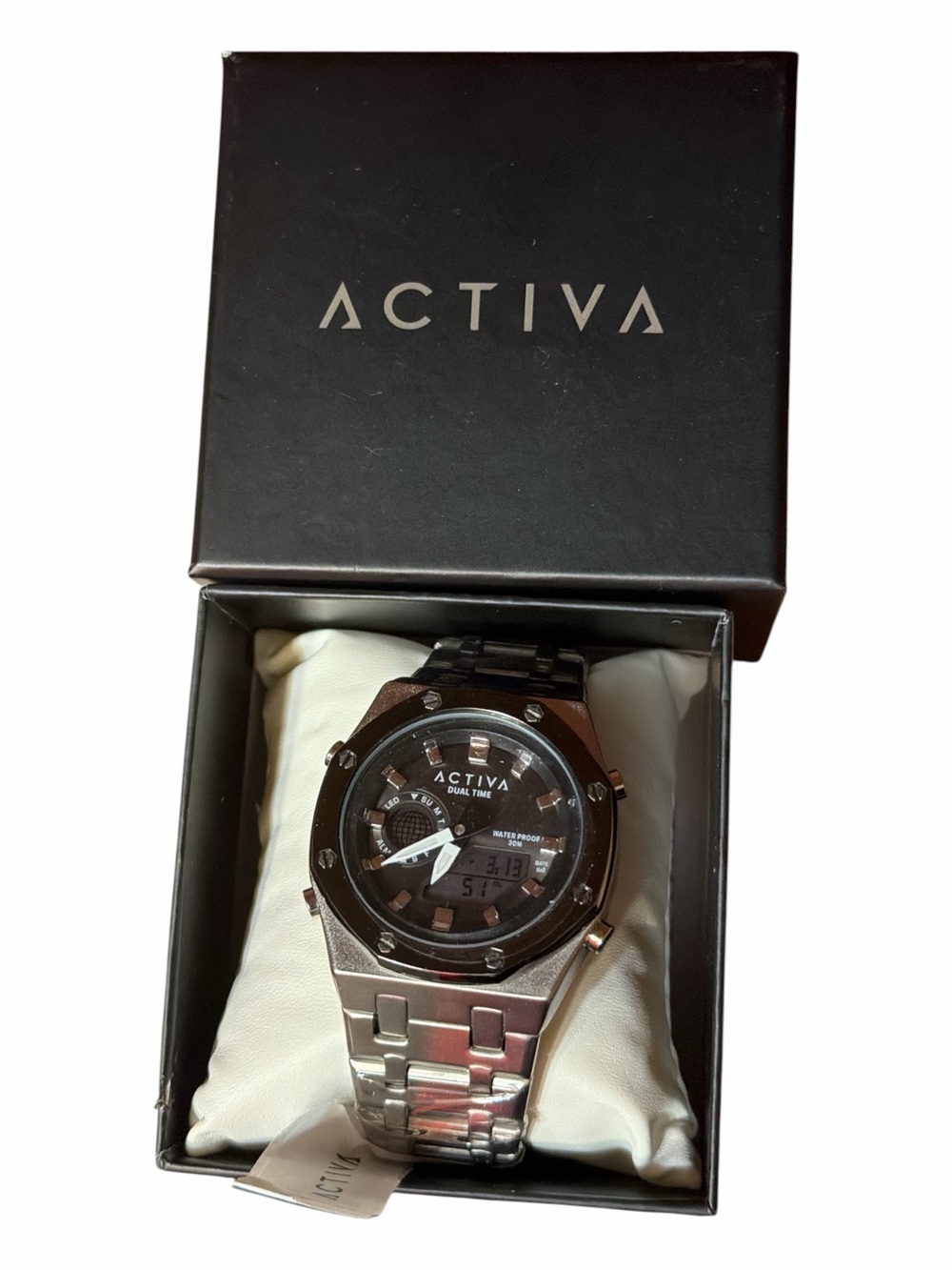NWT Activa Dual Time Analog Digital Silver Stainless Steel Men Watch